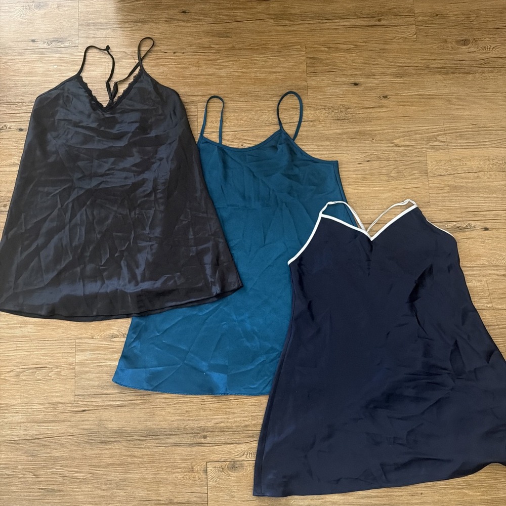 Lingerie Lot Of 3 Womens Size Large Solid Sleeveless Slip Dress Blue Black Teal